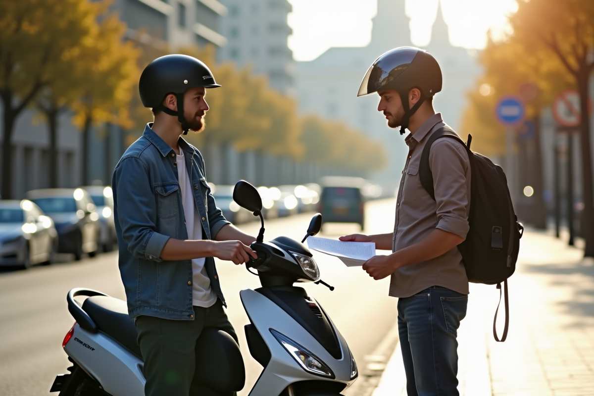 Jeune adulte avec casque à côté d'un scooter en ville