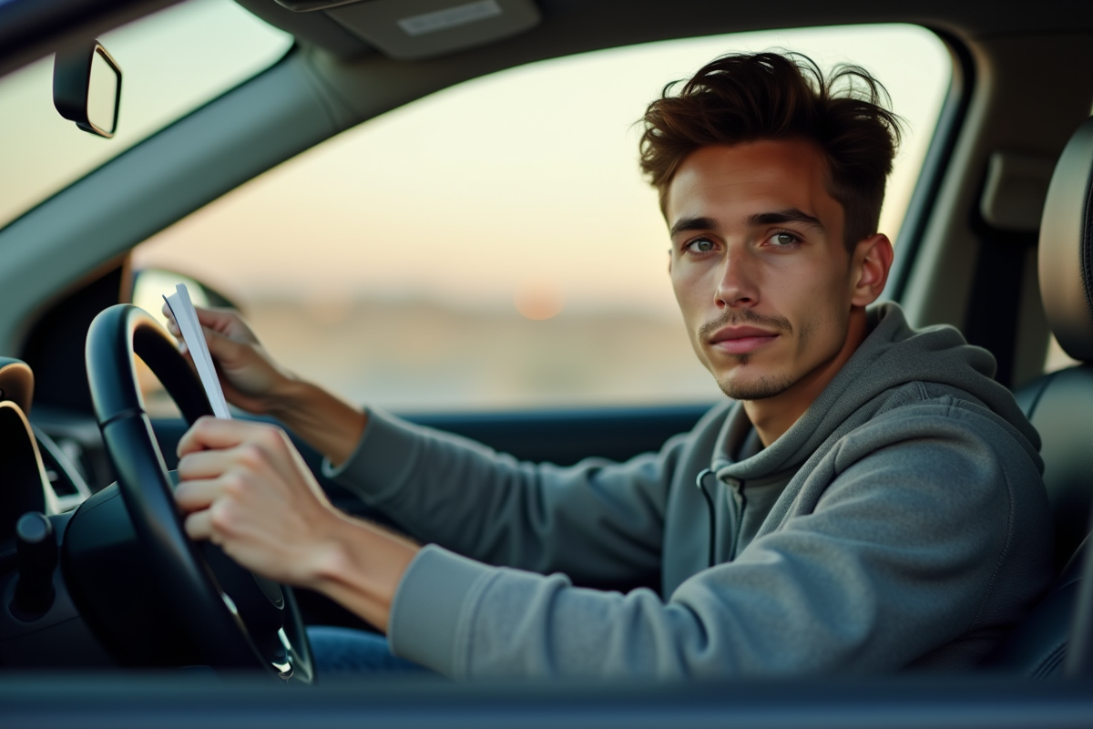 Jeune conducteur dans une voiture moderne tenant un document officiel