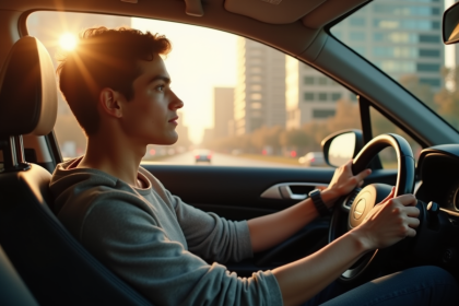 Jeune adulte conduisant une voiture moderne en ville ensoleillée