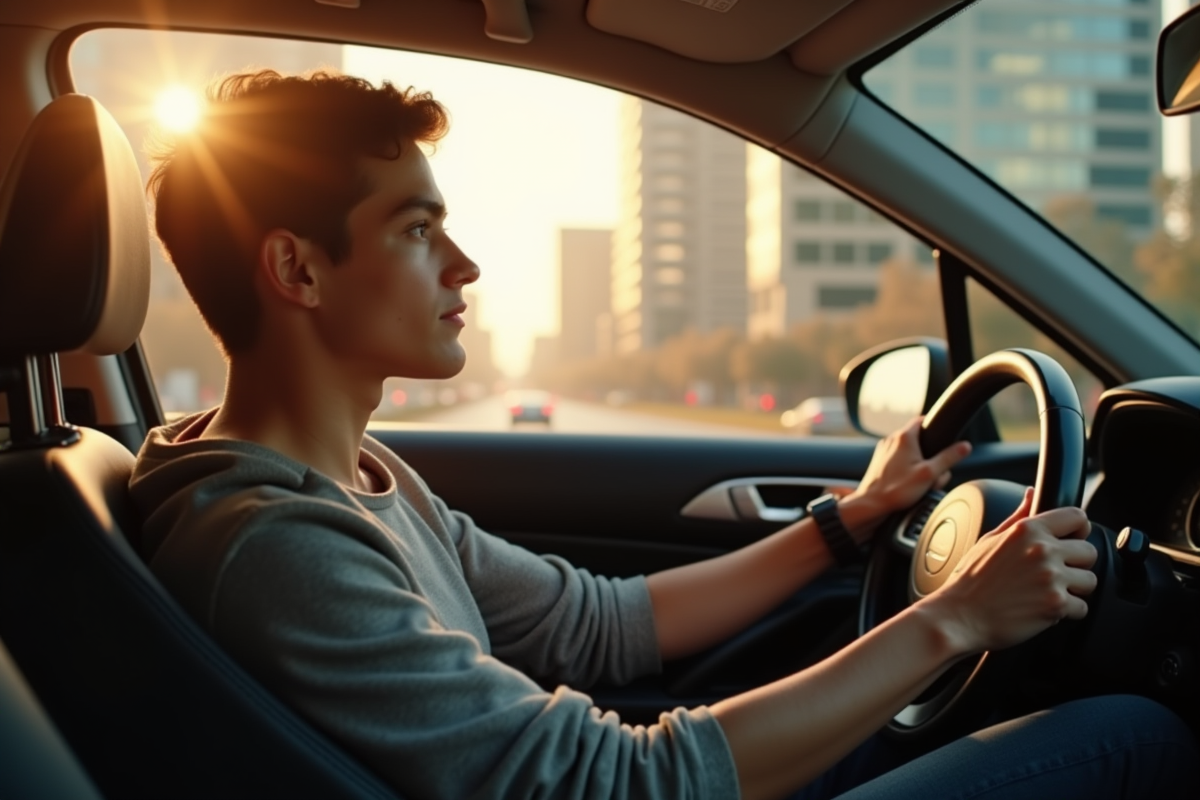 Jeune adulte conduisant une voiture moderne en ville ensoleillée