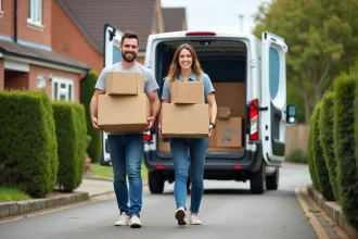 Jeune couple souriant portant des cartons devant une camionnette