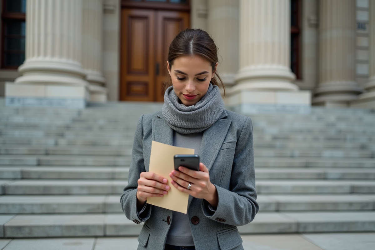 Jeune femme professionnelle vérifiant son smartphone devant le courthouse