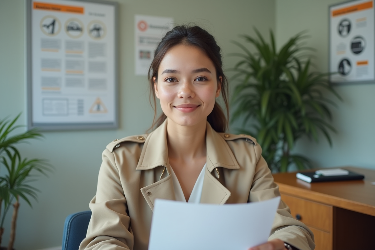 Jeune femme en trench beige tenant des documents dans un bureau