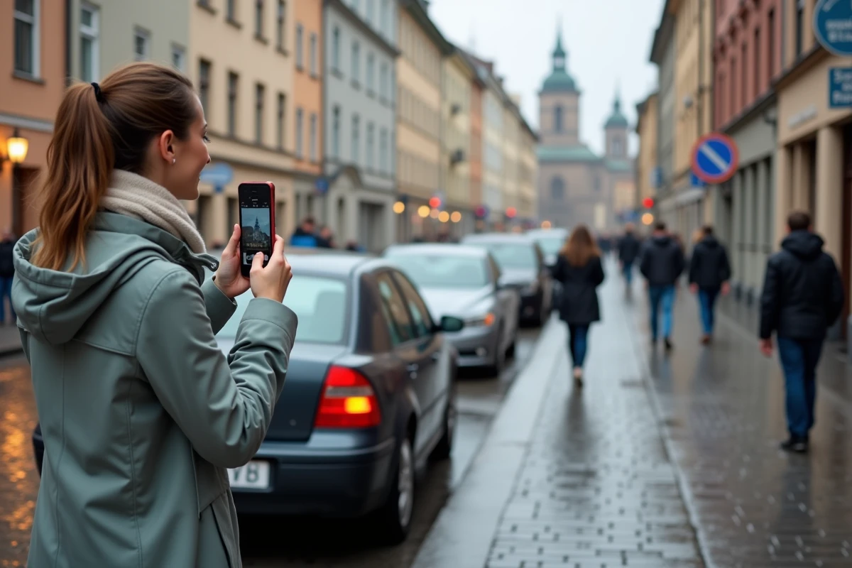 Jeune femme prenant en photo une plaque de voiture