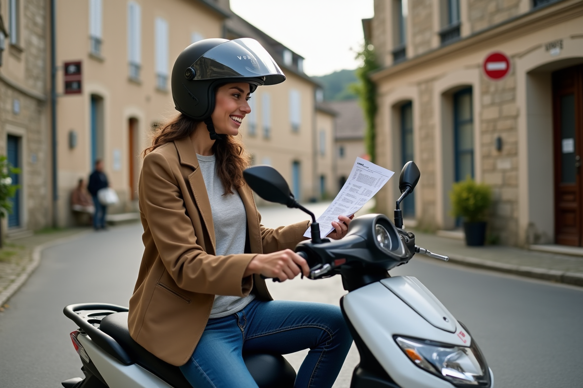 Jeune femme souriante avec scooter et planning de tests