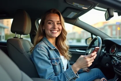 Jeune femme souriante dans une voiture moderne