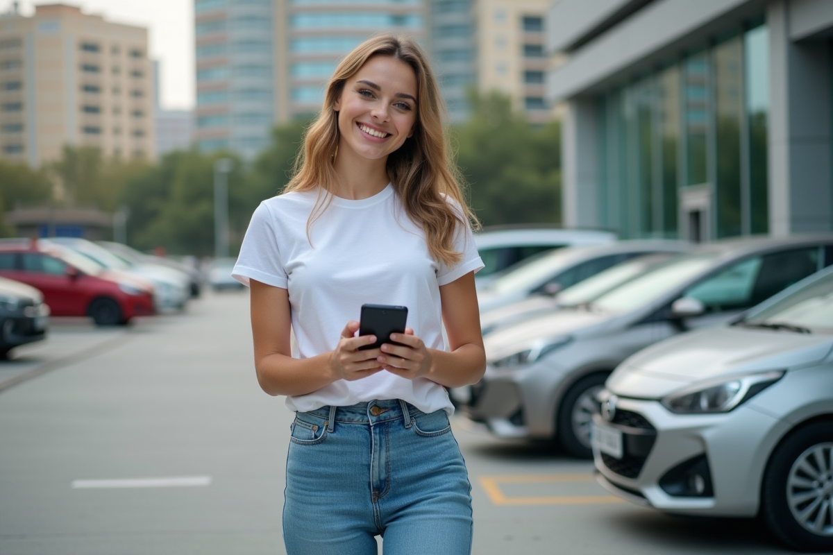 Jeune femme souriante avec smartphone et voiture en ville