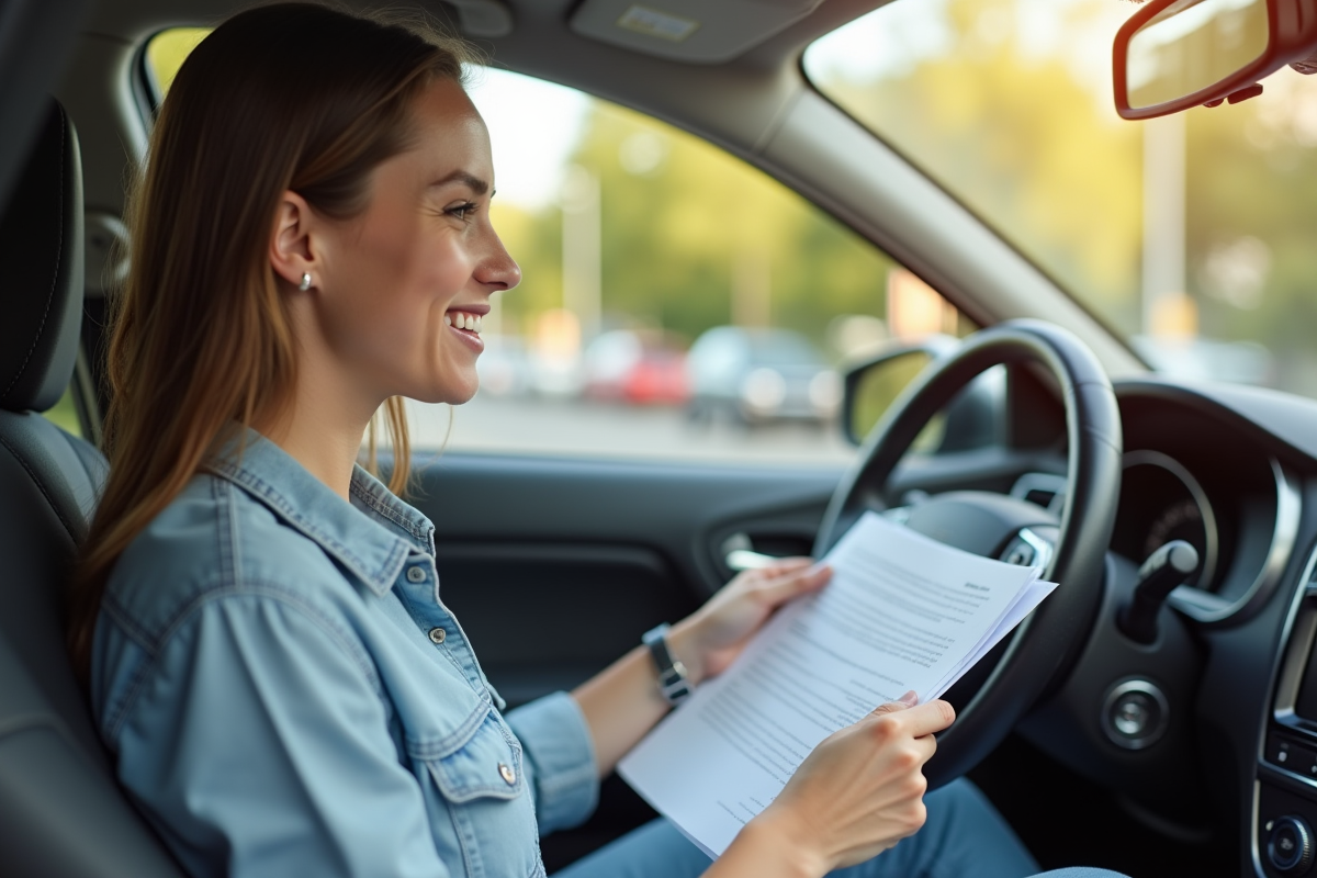 Jeune femme souriante dans sa voiture citadine ensoleillée