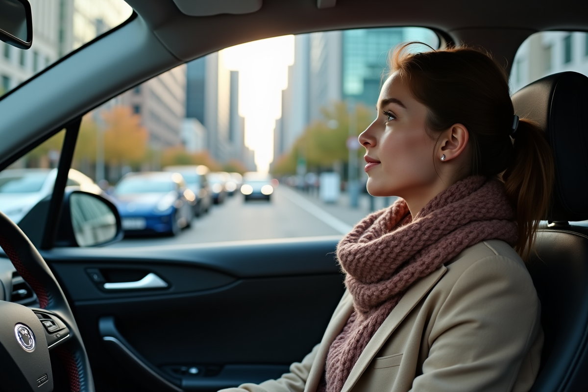 Jeune femme dans une voiture diesel regarde les voitures électriques en ville