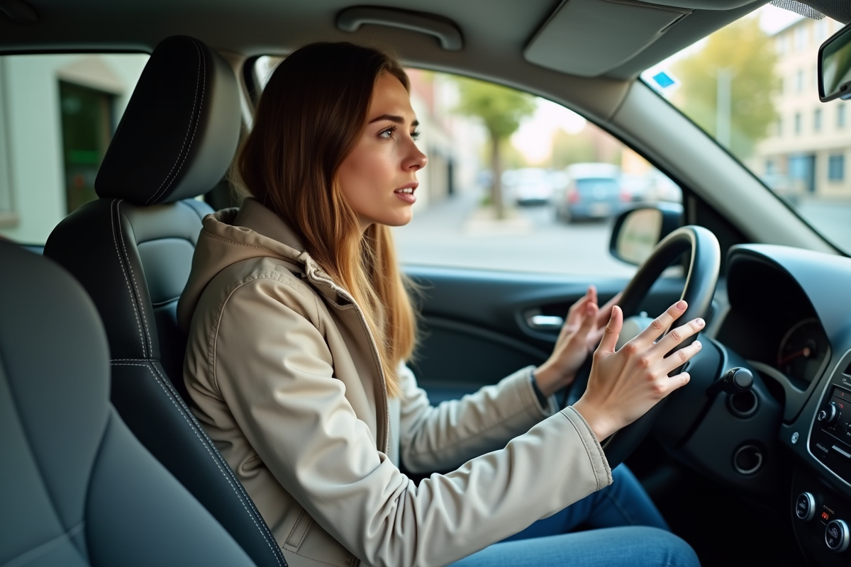 Jeune femme perplexe dans la voiture sans permis au volant