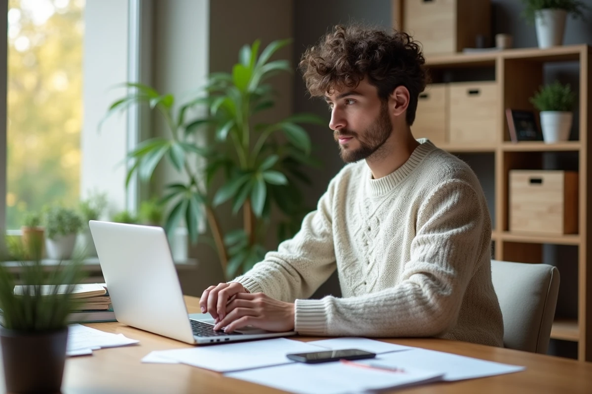Jeune homme &eacute;tudiant dans un bureau lumineux avec documents