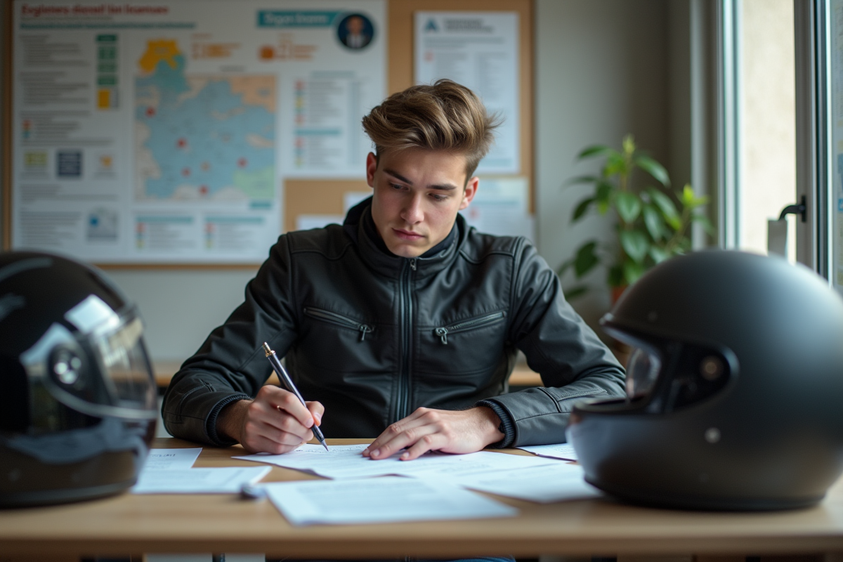 Jeune homme en bureau d'auto école remplissant un formulaire