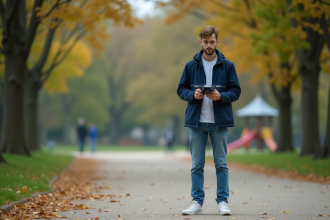 Jeune homme avec drone dans un parc verdoyant