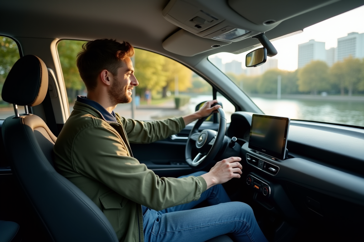 Jeune homme dans la voiture utilisant le tableau de bord tactile