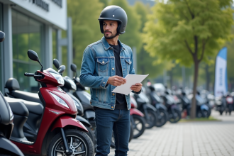 Jeune homme avec casque examine motos 125cc neuves