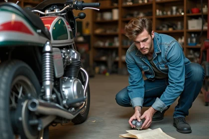 Jeune homme en denim r&eacute;pare une moto Kawasaki KZ400J