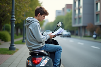 Jeune homme avec scooter et documents d'assurance