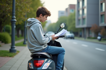 Jeune homme avec scooter et documents d'assurance