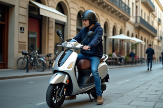 Jeune homme en casque et veste en ville avec scooter