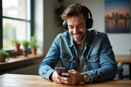 Jeune homme avec casque et smartphone dans un int&eacute;rieur cosy