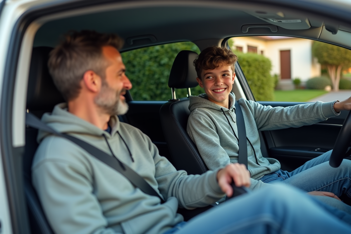 Jeune homme souriant dans une voiture familiale moderne