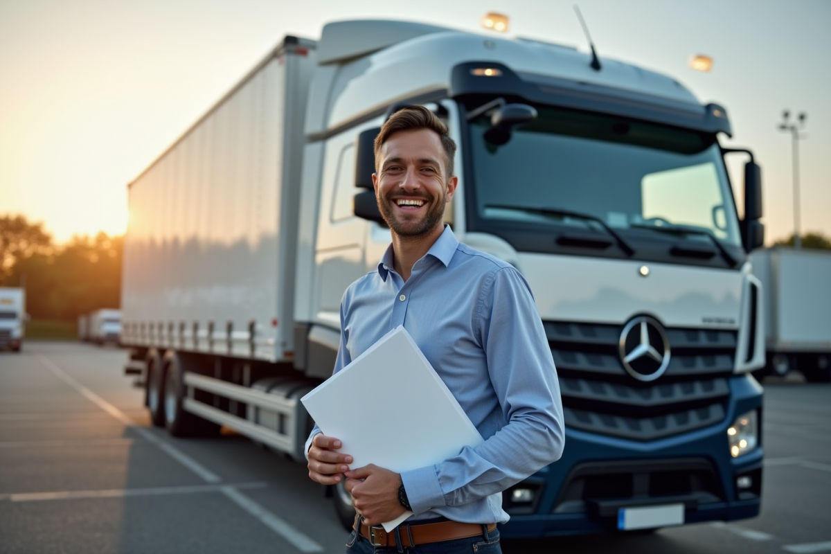 Jeune homme confiant avec camion et documents en plein air
