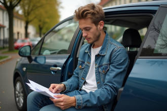 Jeune homme lisant une police d'assurance auto dans sa voiture