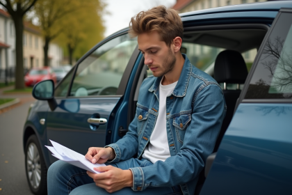 Jeune homme lisant une police d'assurance auto dans sa voiture
