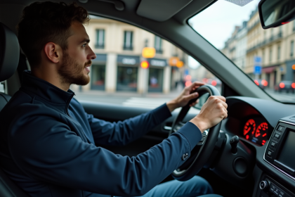 Jeune homme au volant d'une voiture parisienne approchant un feu orange