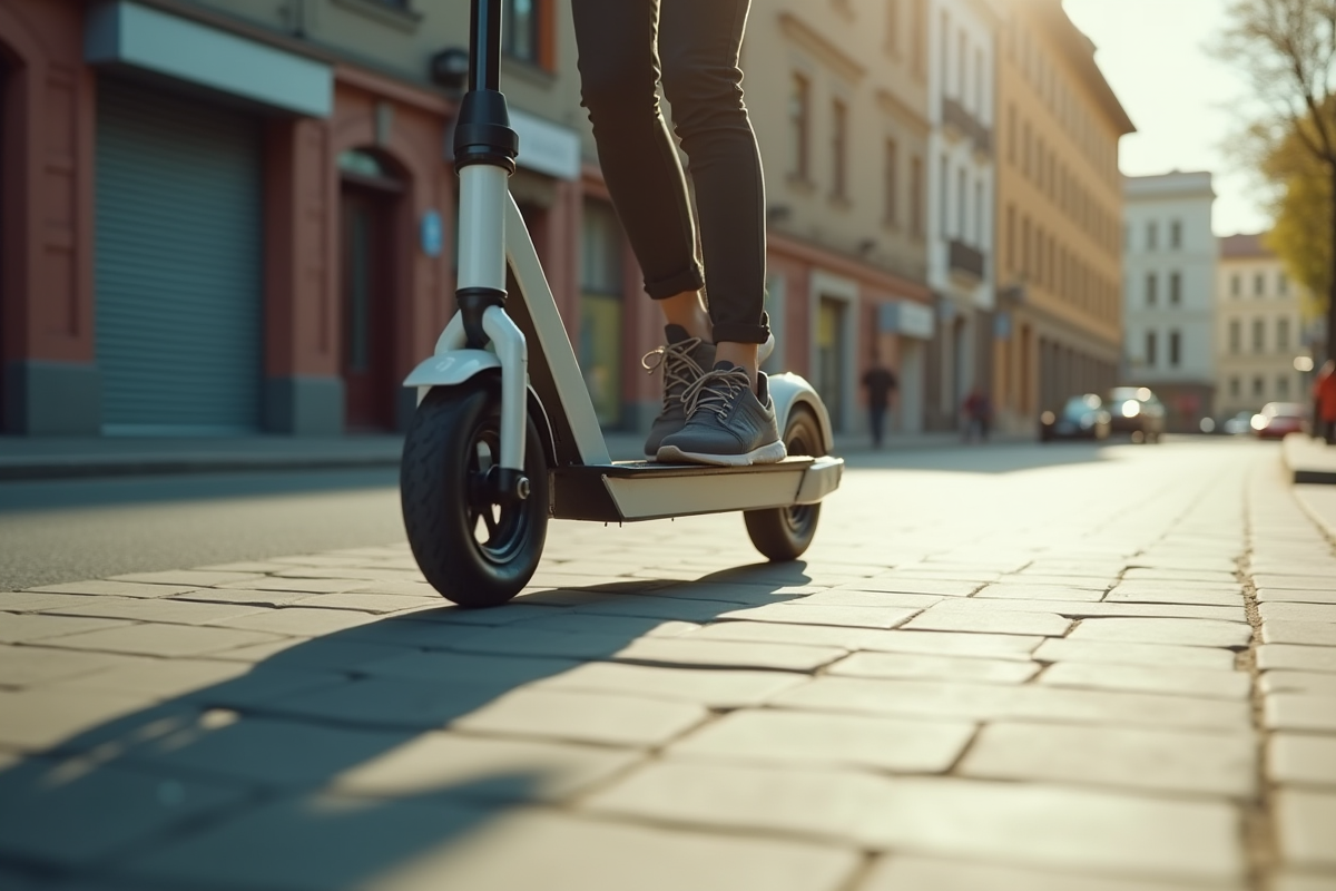 Jeune roulant en scooter électrique sur une rue urbaine accidentée
