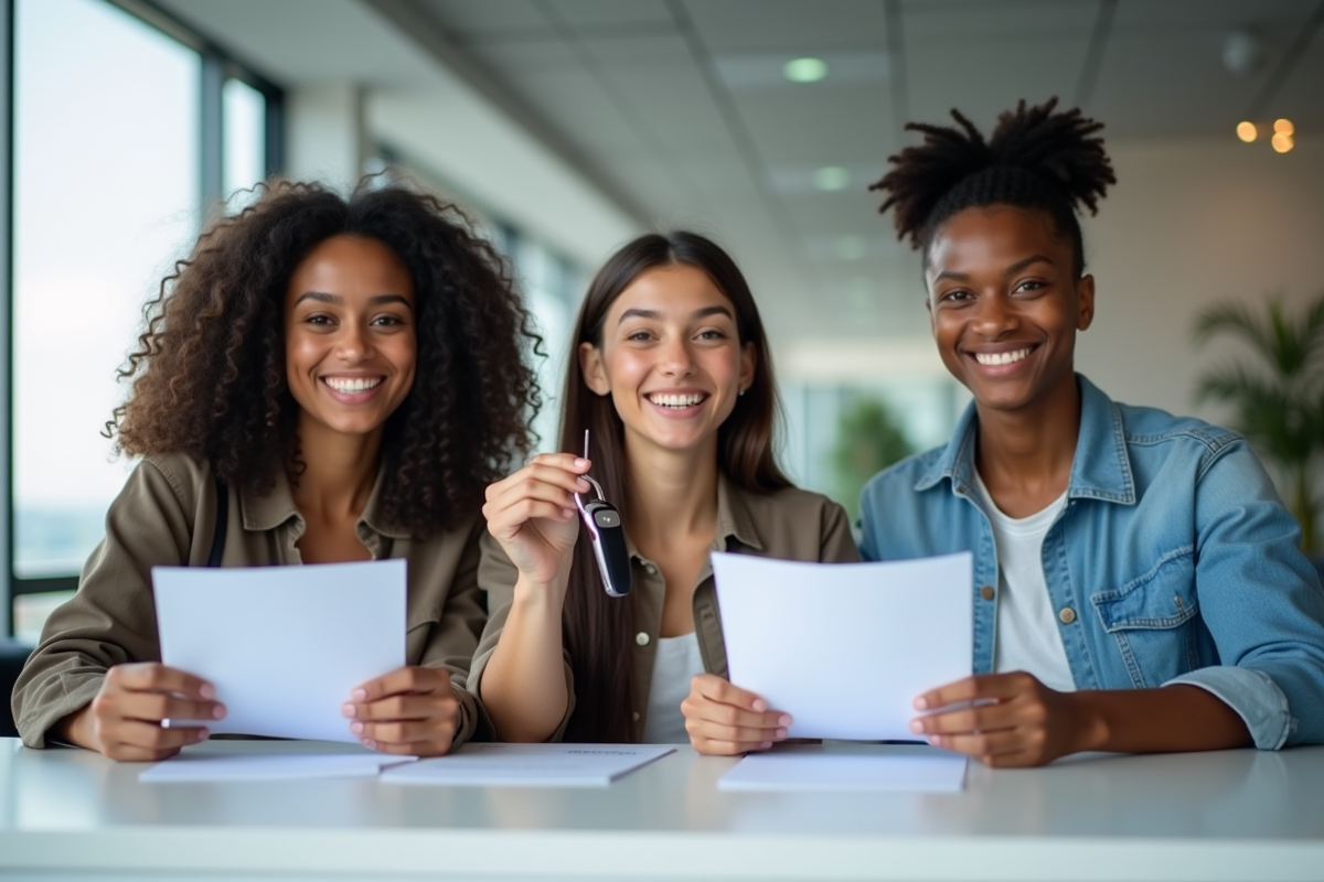 Trois jeunes adultes avec clés et papiers devant un comptoir de permis