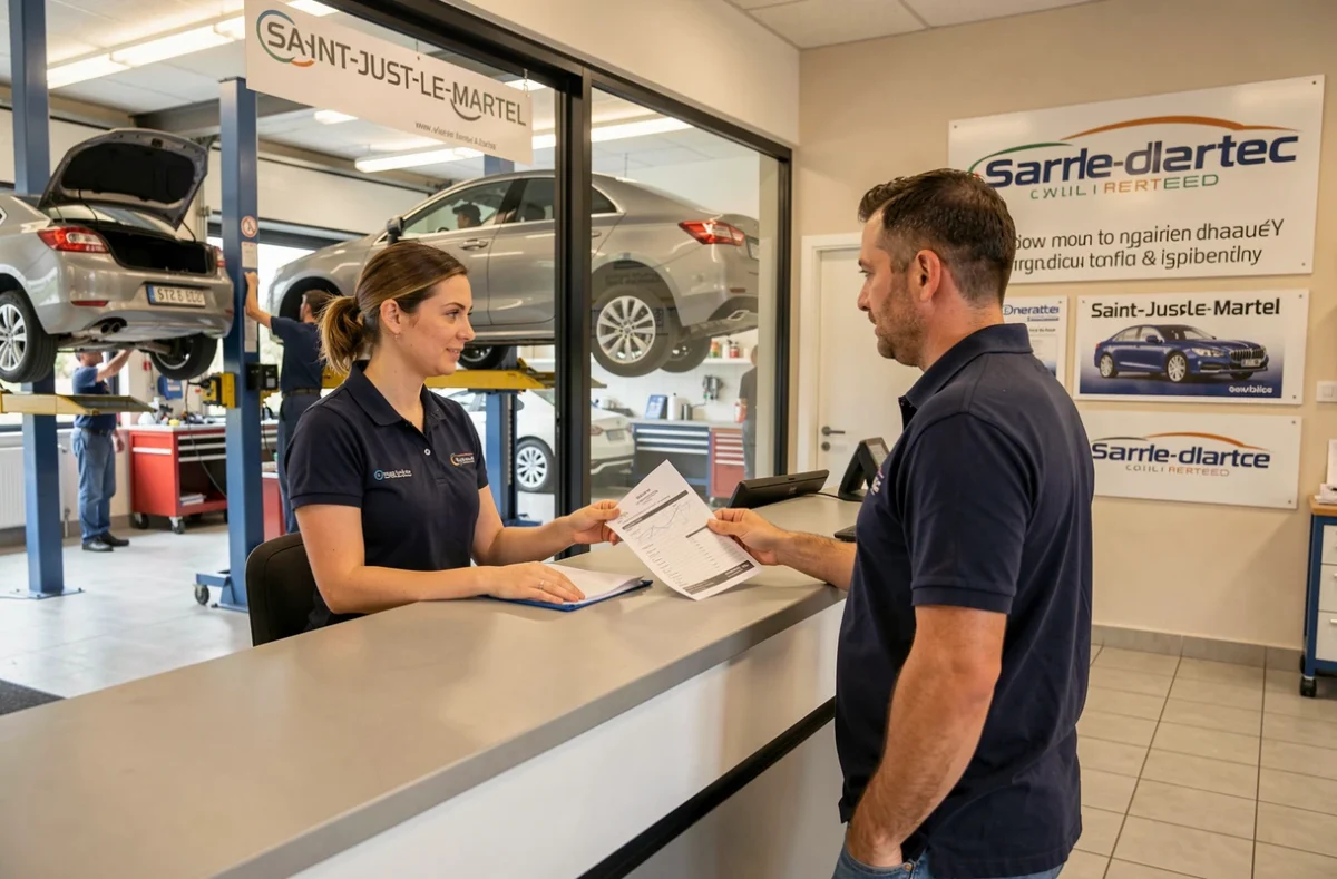 Conseillère de Lacroix Automobile à Saint-Just-le-Martel accueillant un client au comptoir du garage