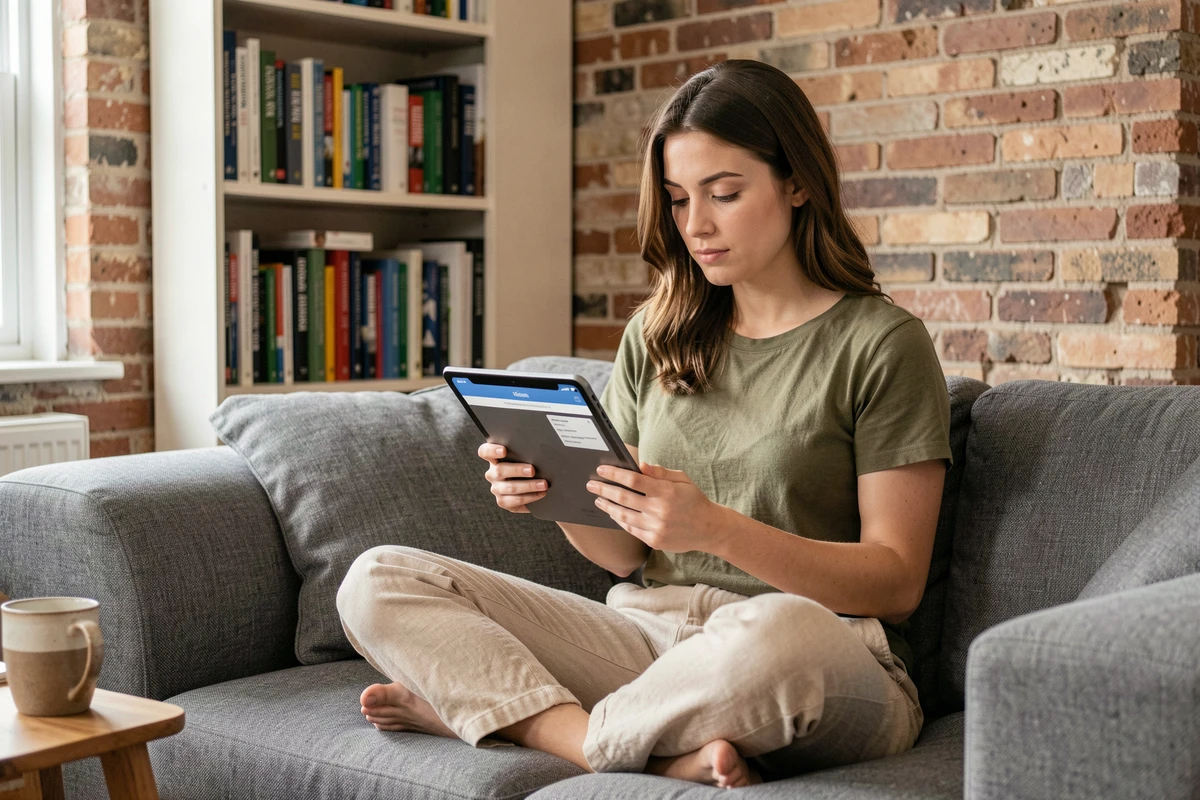 Jeune femme lisant une agrégation d'actualités sur tablette dans un espace de travail à domicile