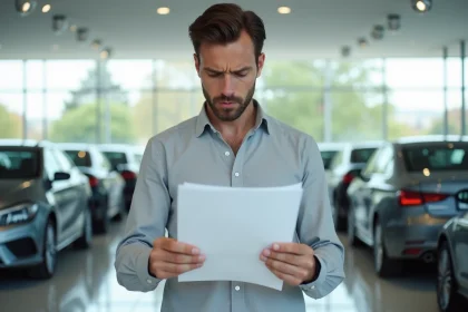 Un homme lisant attentivement un contrat de reprise automobile chez un concessionnaire, illustrant les vérifications essentielles avant un achat via Aramis Auto