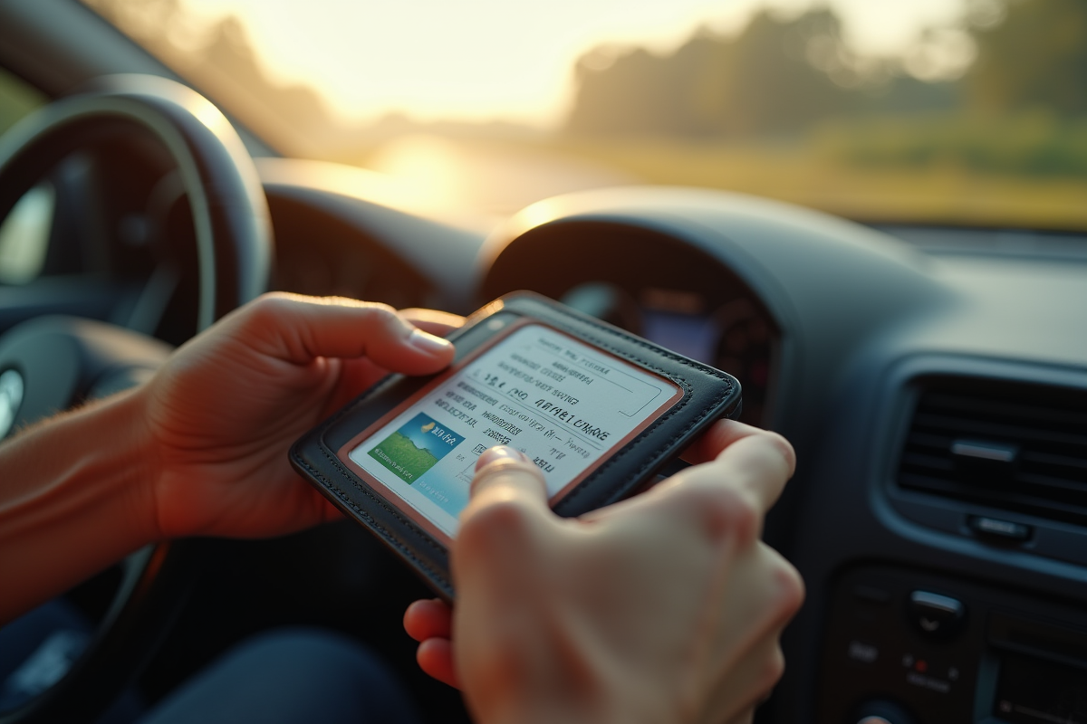 Mains insérant un permis de conduire dans un portefeuille sur le tableau de bord