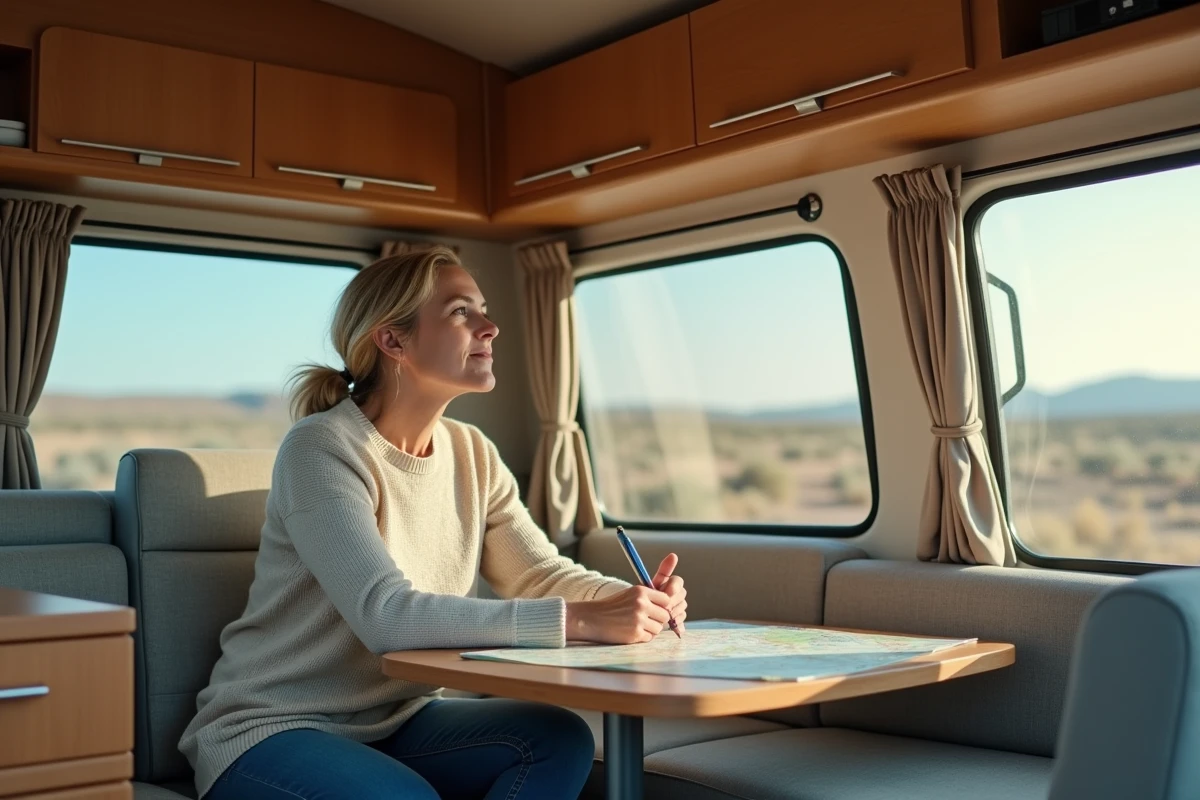 Maman réfléchissant dans un camping-car lors d’un voyage