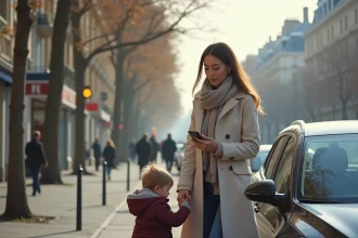 Jeune maman parisienne avec son enfant dans la rue