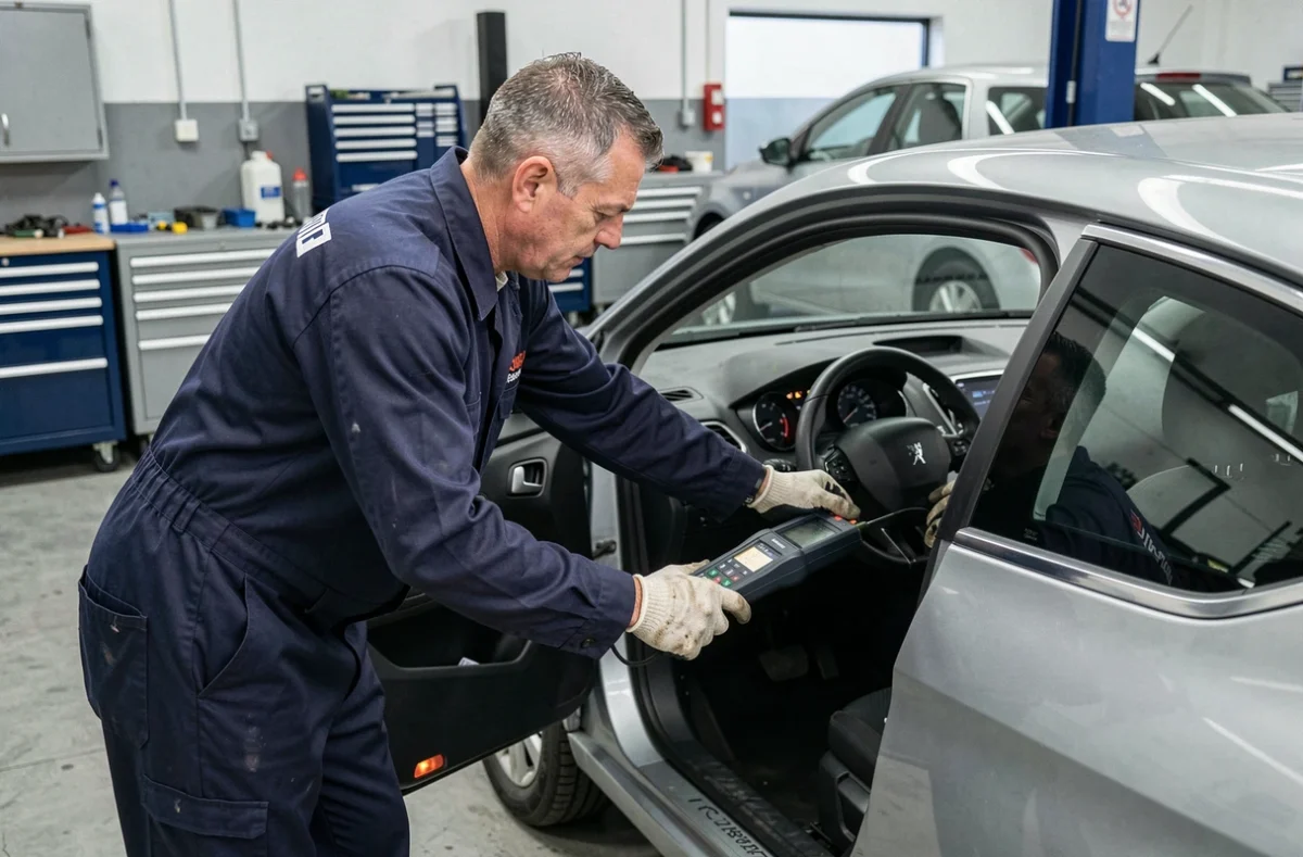 Mécanicien professionnel analysant les voyants du tableau de bord d'une Peugeot 208 avec un outil de diagnostic