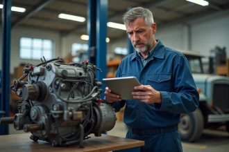 Mécanicien homme en overalls examine un moteur diesel usé
