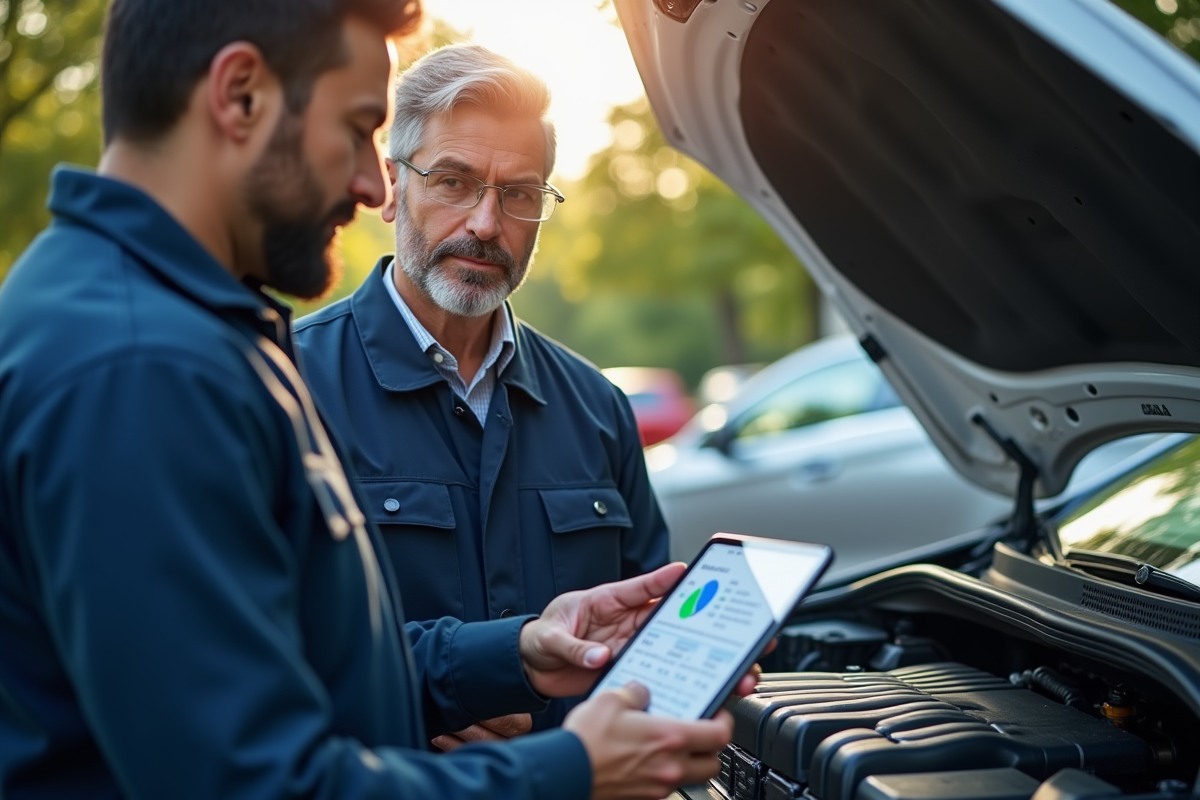 Mécanicien montrant un rapport diagnostic à un conducteur dehors