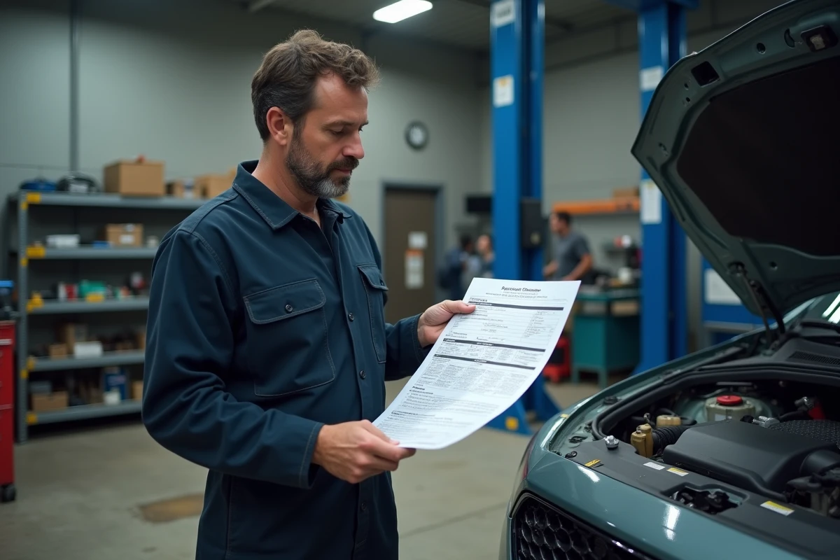 Mécanicien consultant une fiche technique de puissance fiscale dans un garage professionnel, capot ouvert en arrière-plan