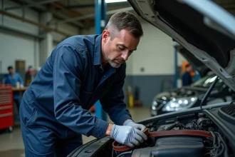 Mécanicien inspectant une courroie de distribution usée dans un garage automobile professionnel en France