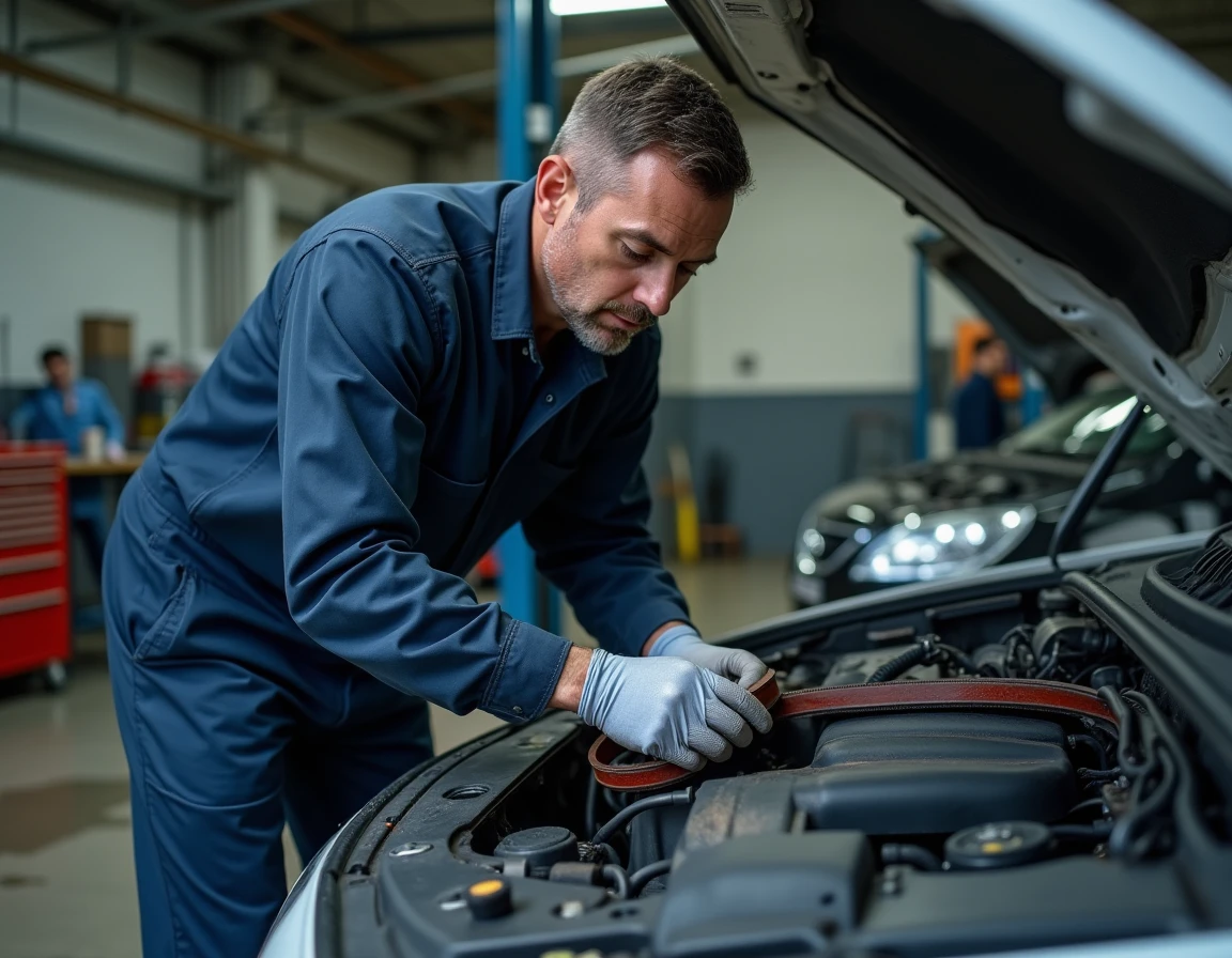 Mécanicien inspectant une courroie de distribution usée dans un garage automobile professionnel en France