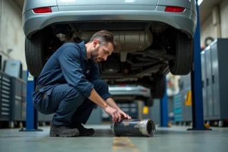 Mécanicien inspectant le filtre à particules FAP sous une Peugeot 207 sur pont élévateur dans un garage automobile