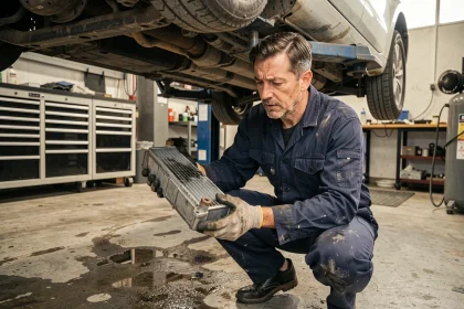 Mécanicien inspectant un filtre à particules diesel colmaté dans un garage professionnel