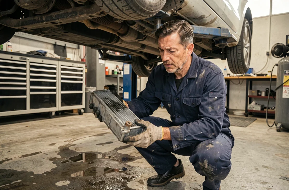 Mécanicien inspectant un filtre à particules diesel colmaté dans un garage professionnel