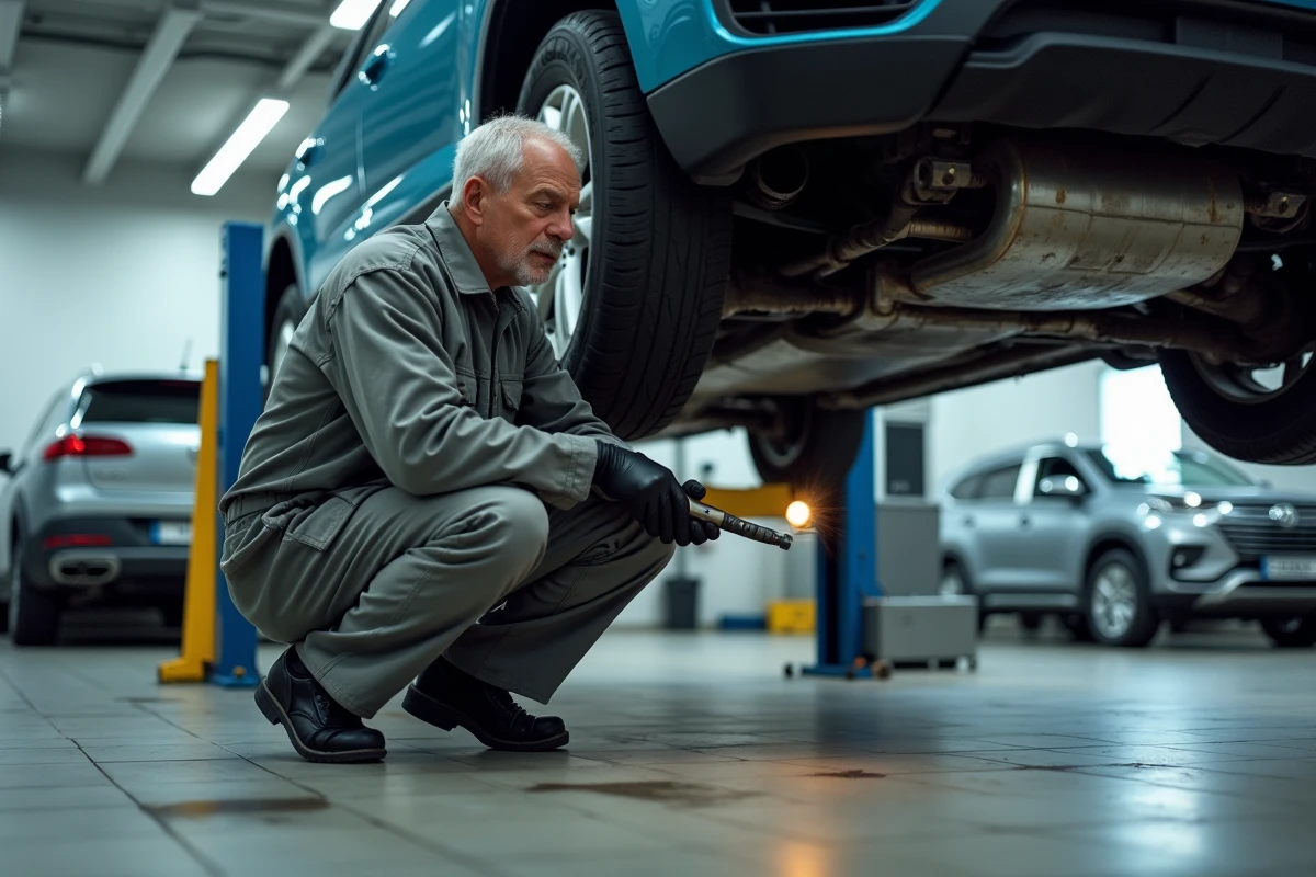 M&eacute;canicien inspectant le filtre &agrave; particules FAP sous un SUV diesel soulev&eacute; sur un pont &eacute;l&eacute;vateur