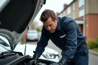 Mécanicien inspectant le moteur d'une Peugeot 208 blanche dans une allée résidentielle, problème de démarrage