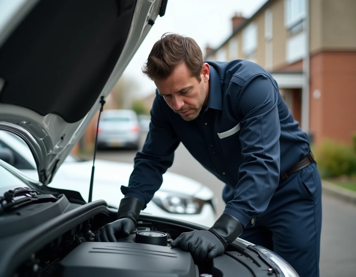 Mécanicien inspectant le moteur d'une Peugeot 208 blanche dans une allée résidentielle, problème de démarrage