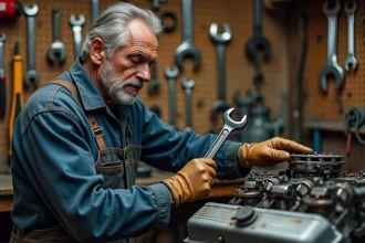 Mécanicien utilisant une clé dynamométrique vintage sur un moteur de voiture ancienne dans un atelier traditionnel